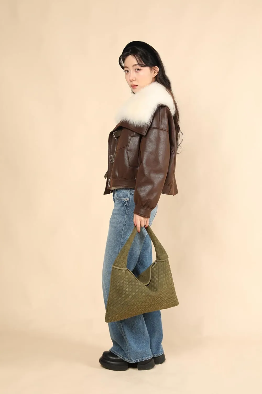 Vegan Leather Woven Tote, Vintage Suede Hobo, Suede Woven Purse, Large Leather Shoulder Bag Braided Hobo
