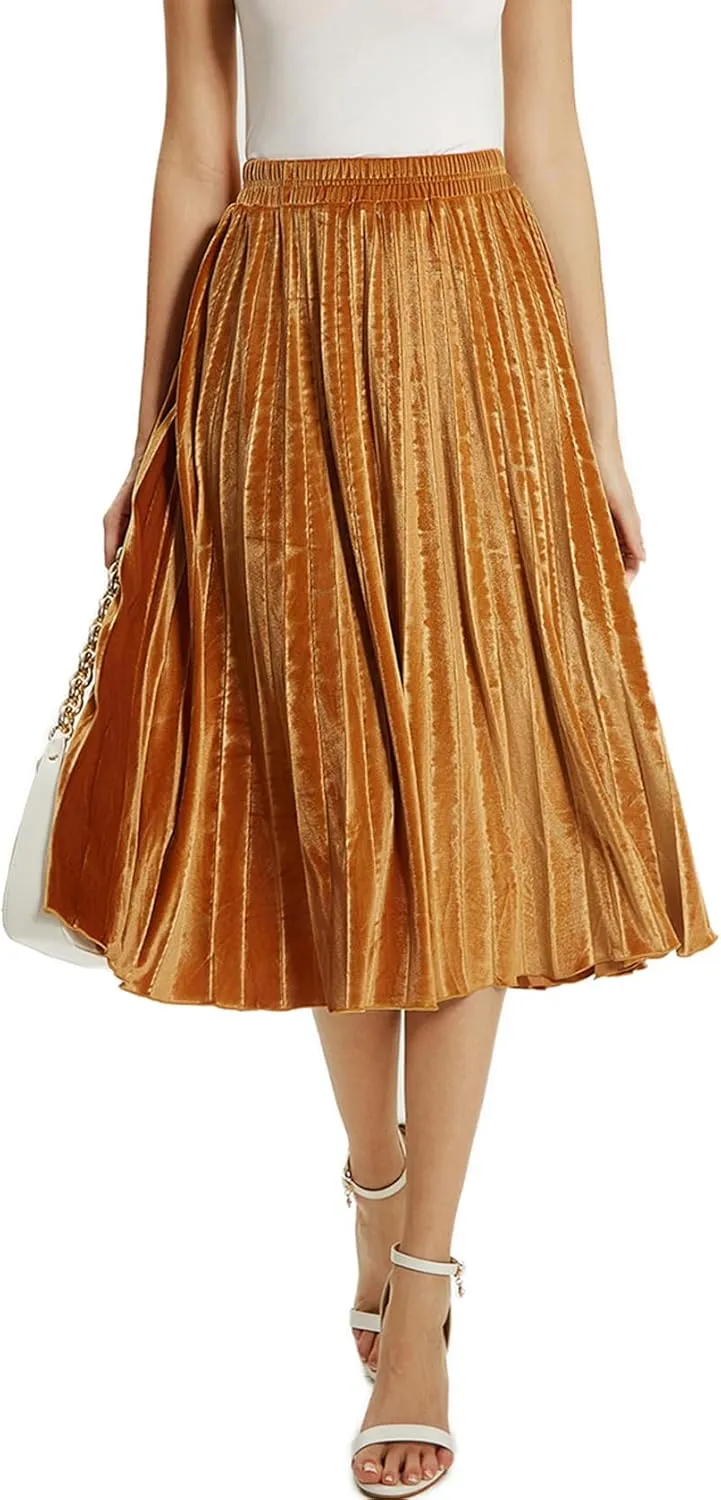 Velvet Skirt for Women Elastic Waist Metallic Accordion Midi Pleated Skirts Christmas