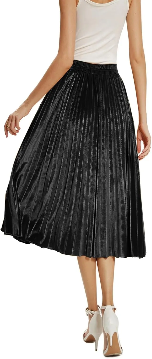 Velvet Skirt for Women Elastic Waist Metallic Accordion Midi Pleated Skirts Christmas