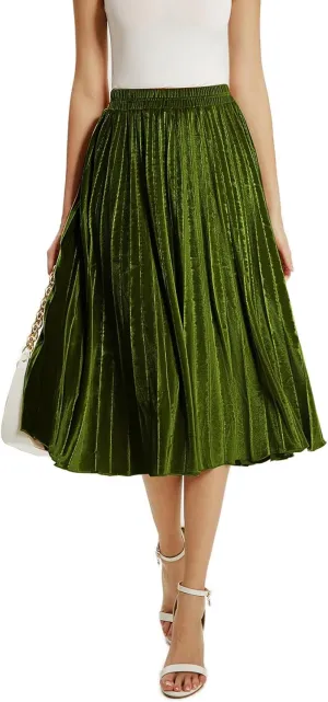 Velvet Skirt for Women Elastic Waist Metallic Accordion Midi Pleated Skirts Christmas