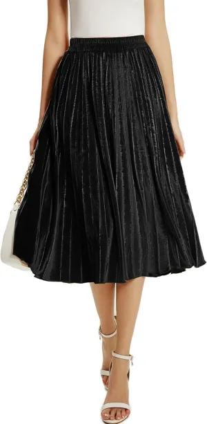 Velvet Skirt for Women Elastic Waist Metallic Accordion Midi Pleated Skirts Christmas