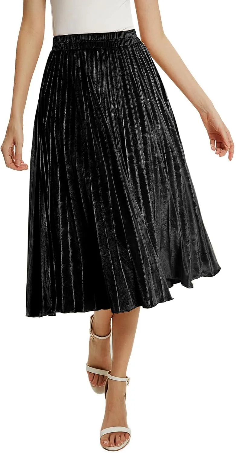 Velvet Skirt for Women Elastic Waist Metallic Accordion Midi Pleated Skirts Christmas