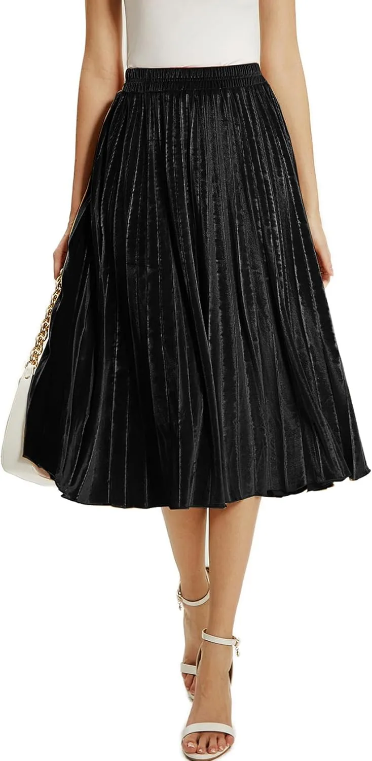 Velvet Skirt for Women Elastic Waist Metallic Accordion Midi Pleated Skirts Christmas