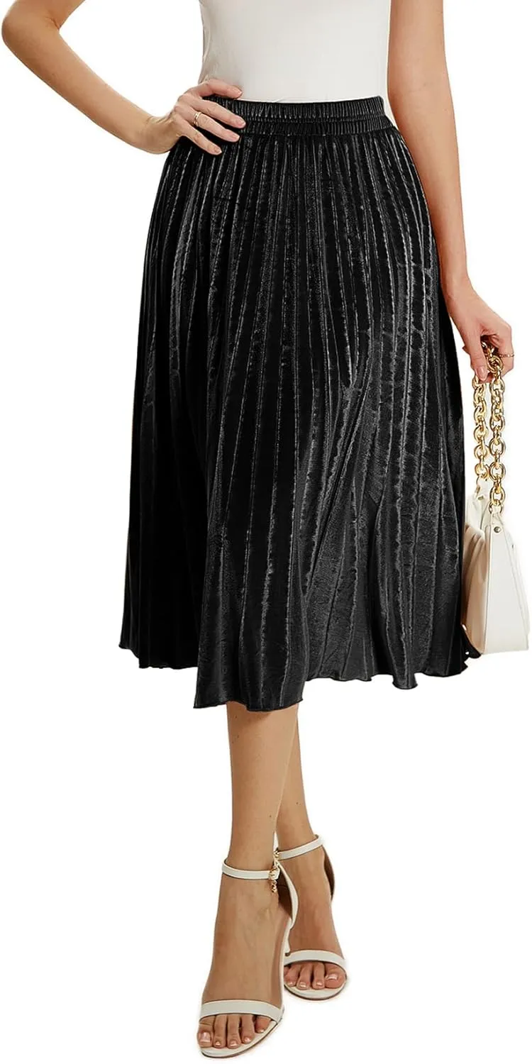 Velvet Skirt for Women Elastic Waist Metallic Accordion Midi Pleated Skirts Christmas