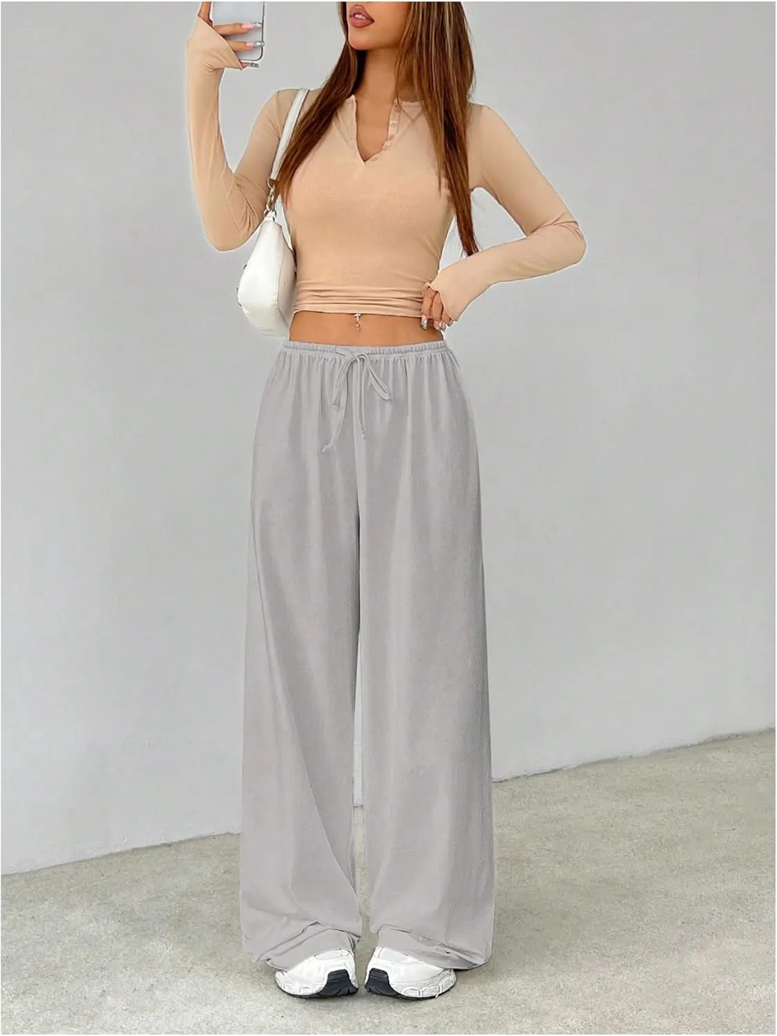 Verdusa Women's Loose Wide Leg Sweatpants Elastic Drawstring Waist Casual Long Pants