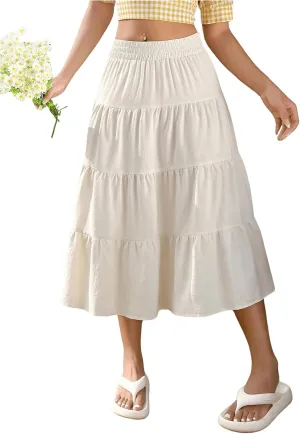 Verdusa Women's Tiered Ruffle Hem Long Skirt Elastic Waist Flared Flowy Fairy Skirts