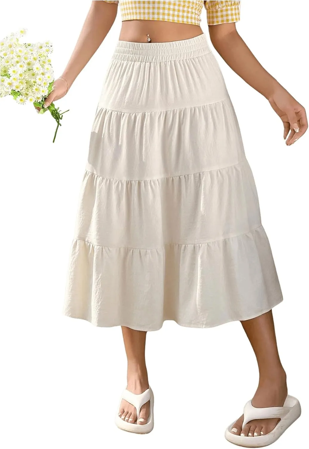 Verdusa Women's Tiered Ruffle Hem Long Skirt Elastic Waist Flared Flowy Fairy Skirts