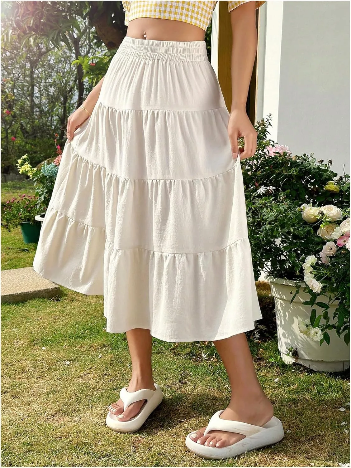 Verdusa Women's Tiered Ruffle Hem Long Skirt Elastic Waist Flared Flowy Fairy Skirts