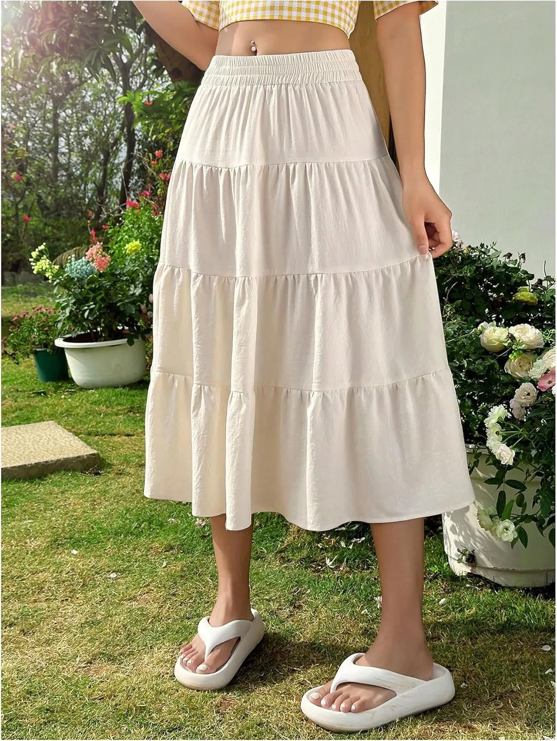 Verdusa Women's Tiered Ruffle Hem Long Skirt Elastic Waist Flared Flowy Fairy Skirts
