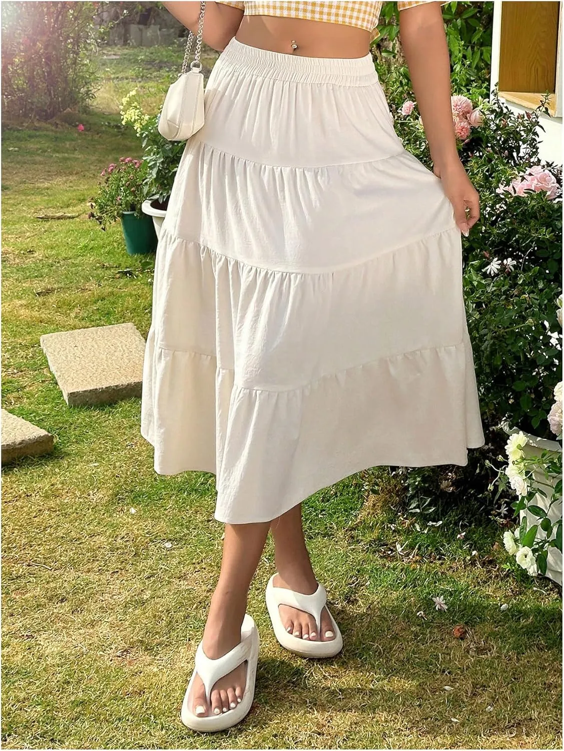 Verdusa Women's Tiered Ruffle Hem Long Skirt Elastic Waist Flared Flowy Fairy Skirts