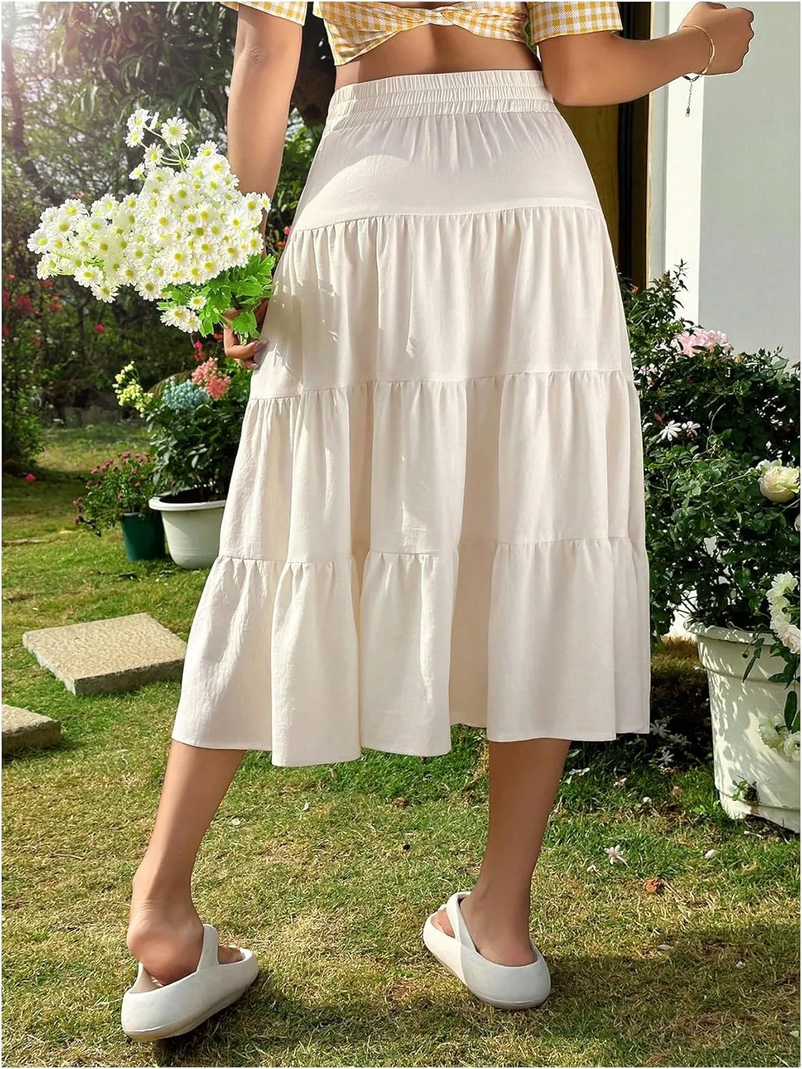 Verdusa Women's Tiered Ruffle Hem Long Skirt Elastic Waist Flared Flowy Fairy Skirts