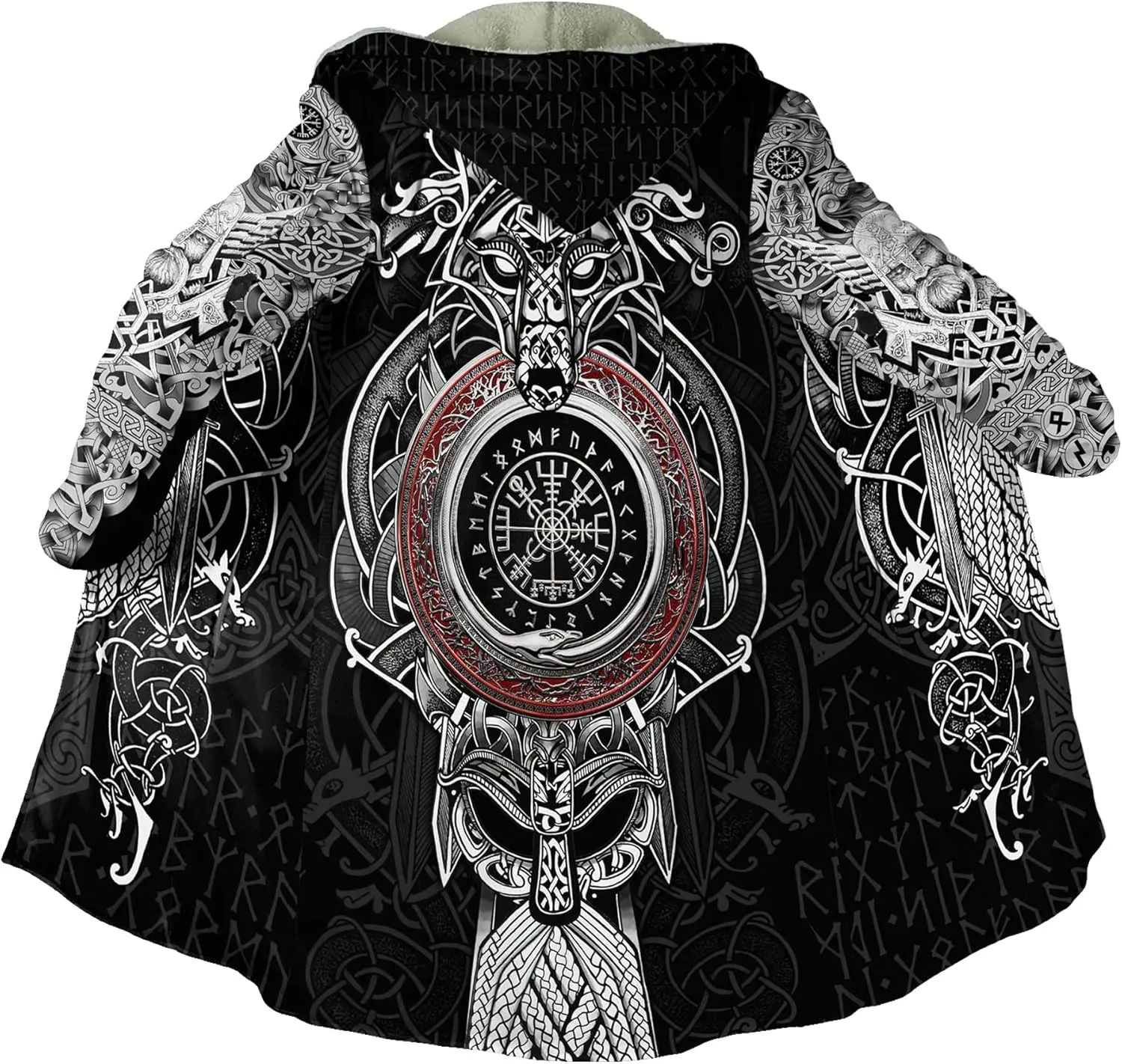 Viking Tattoos Men's Winter Warm Fleece Lining Hooded Parka Fenrir Wolf Pea Coats Trendy Mid-Length Sweater Coats