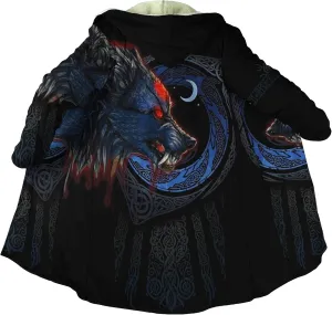 Viking Tattoos Men's Winter Warm Fleece Lining Hooded Parka Fenrir Wolf Pea Coats Trendy Mid-Length Sweater Coats
