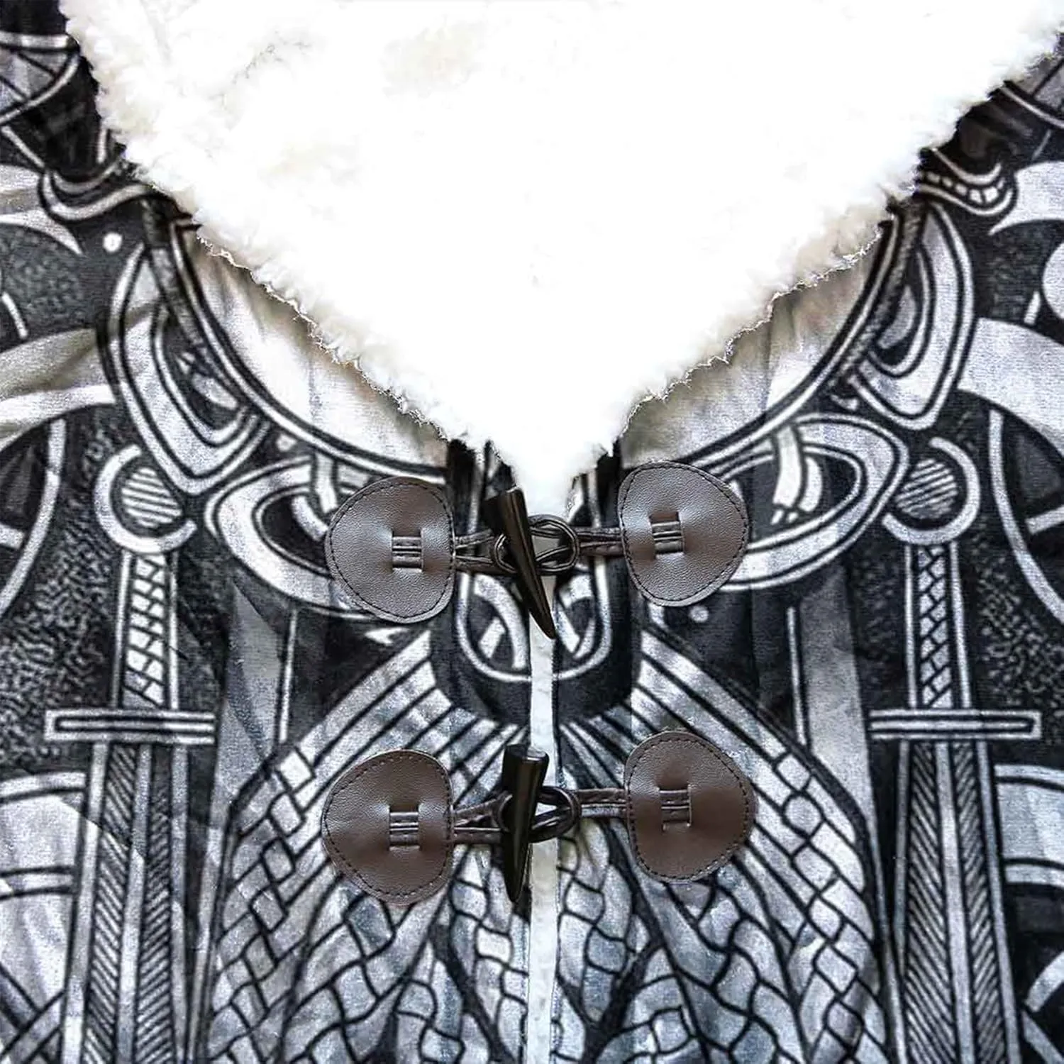 Viking Tattoos Men's Winter Warm Fleece Lining Hooded Parka Fenrir Wolf Pea Coats Trendy Mid-Length Sweater Coats