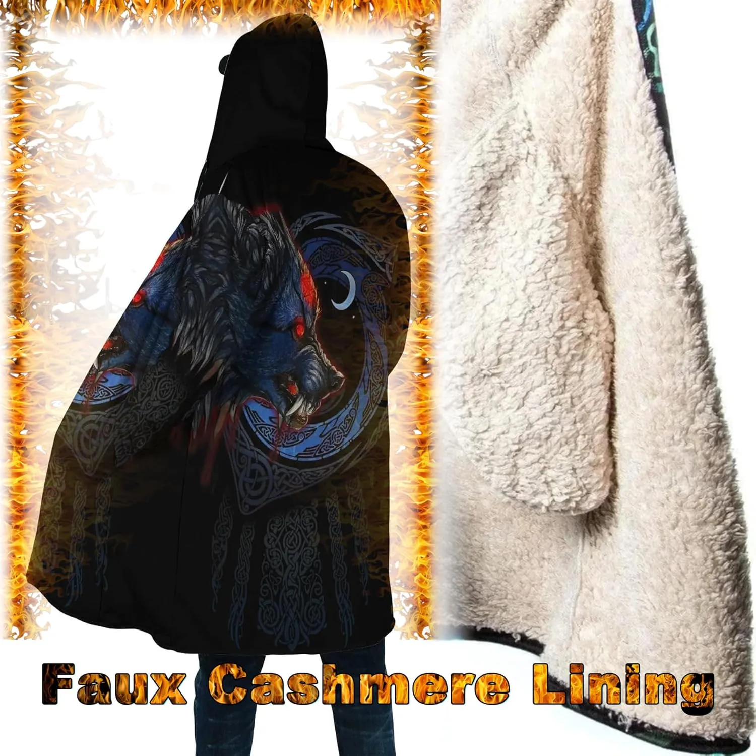 Viking Tattoos Men's Winter Warm Fleece Lining Hooded Parka Fenrir Wolf Pea Coats Trendy Mid-Length Sweater Coats