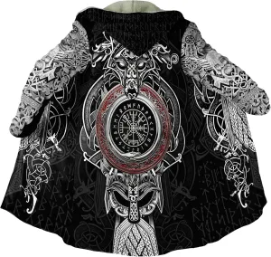 Viking Tattoos Men's Winter Warm Fleece Lining Hooded Parka Fenrir Wolf Pea Coats Trendy Mid-Length Sweater Coats