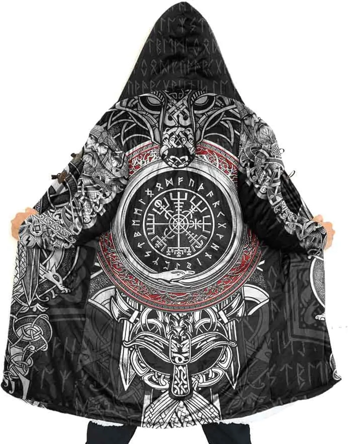Viking Tattoos Men's Winter Warm Fleece Lining Hooded Parka Fenrir Wolf Pea Coats Trendy Mid-Length Sweater Coats
