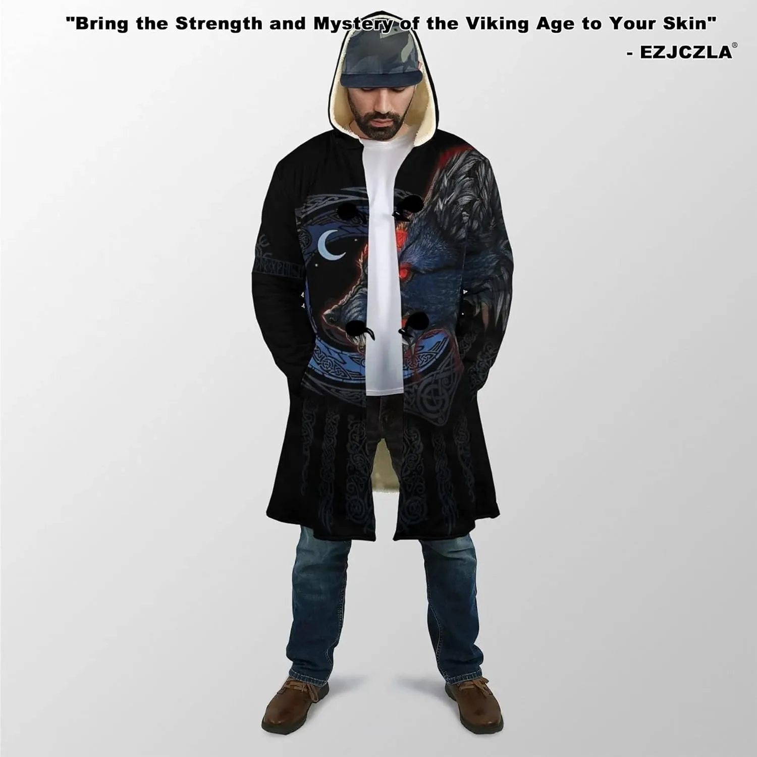 Viking Tattoos Men's Winter Warm Fleece Lining Hooded Parka Fenrir Wolf Pea Coats Trendy Mid-Length Sweater Coats