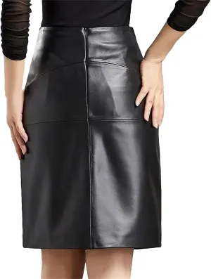 Vintage Black Matte Leather Women High Waist Skirt Splicing Midi Skirt Pleated Lady Knee Length PU Skirt