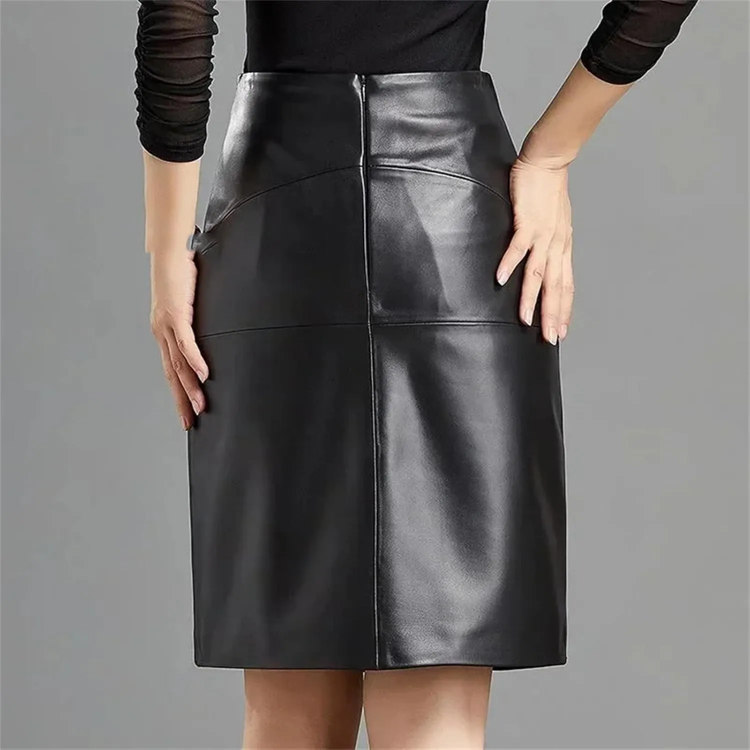 Vintage Black Matte Leather Women High Waist Skirt Splicing Midi Skirt Pleated Lady Knee Length PU Skirt