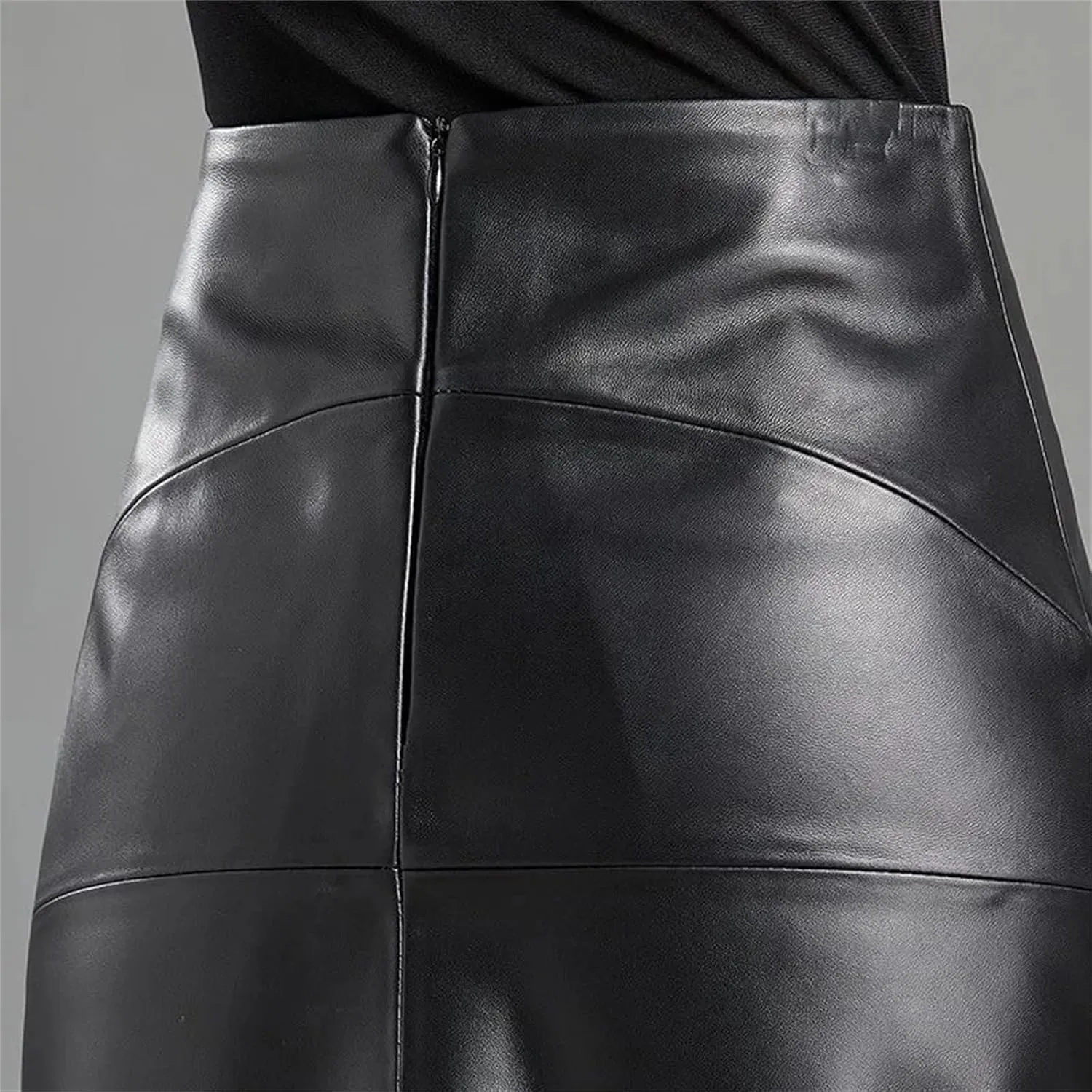 Vintage Black Matte Leather Women High Waist Skirt Splicing Midi Skirt Pleated Lady Knee Length PU Skirt