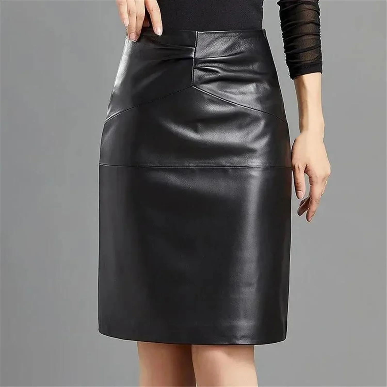 Vintage Black Matte Leather Women High Waist Skirt Splicing Midi Skirt Pleated Lady Knee Length PU Skirt