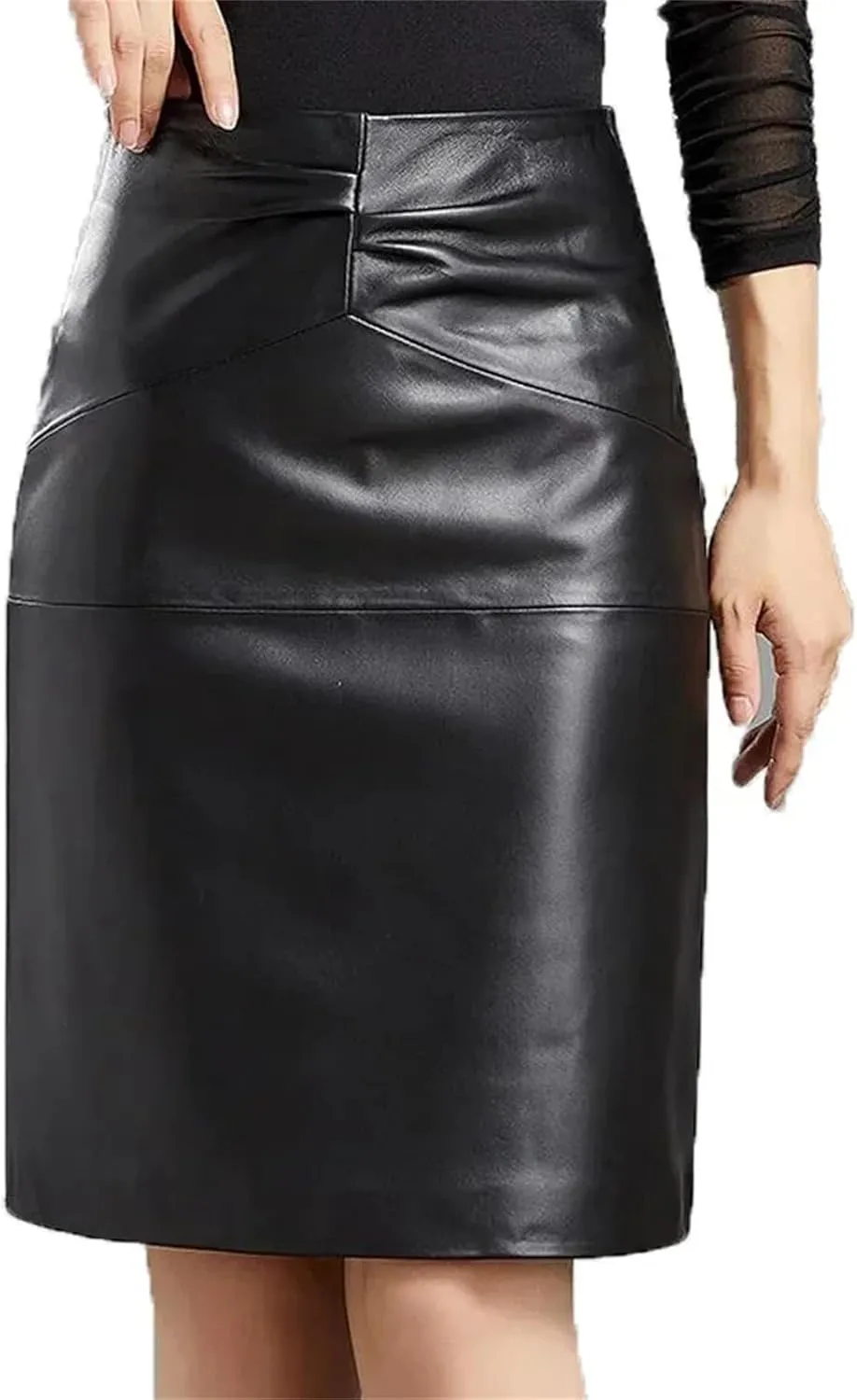 Vintage Black Matte Leather Women High Waist Skirt Splicing Midi Skirt Pleated Lady Knee Length PU Skirt