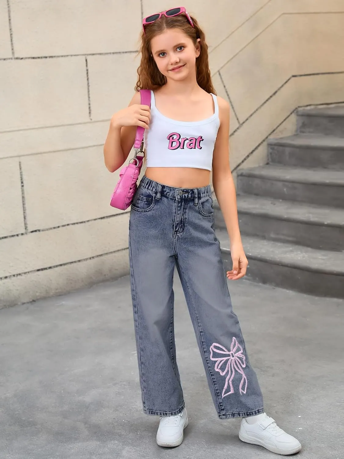 WDIRARA Girl's Bow Print Back Zipper Fly Elastic High Waist Denim Pants Basic Wide Leg Jeans