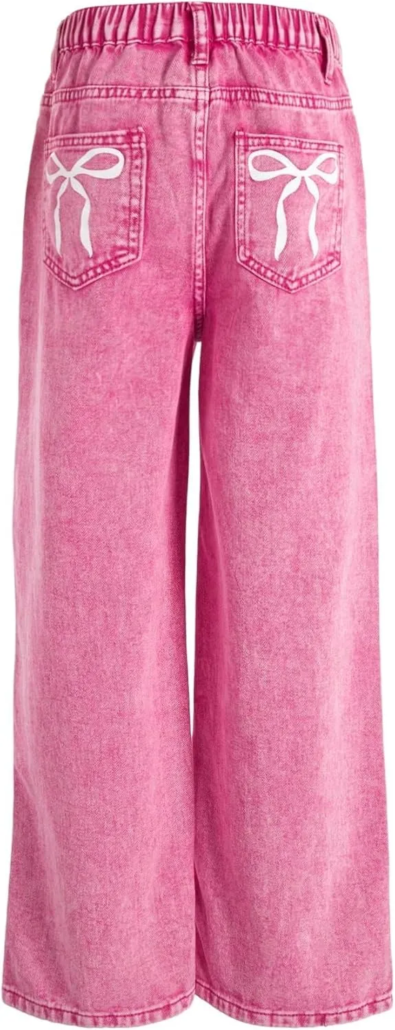 WDIRARA Girl's Bow Print Back Zipper Fly Elastic High Waist Denim Pants Basic Wide Leg Jeans