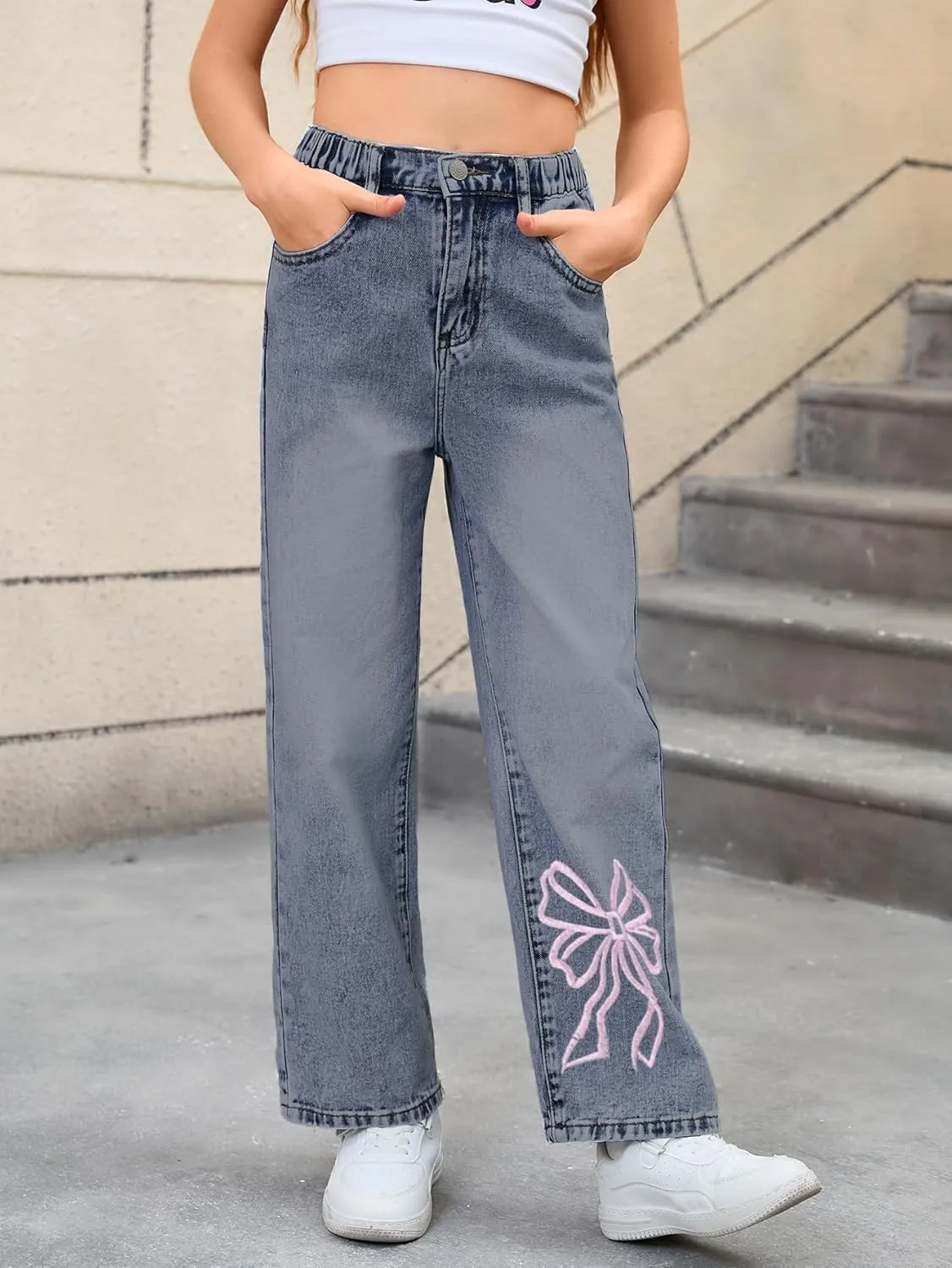 WDIRARA Girl's Bow Print Back Zipper Fly Elastic High Waist Denim Pants Basic Wide Leg Jeans