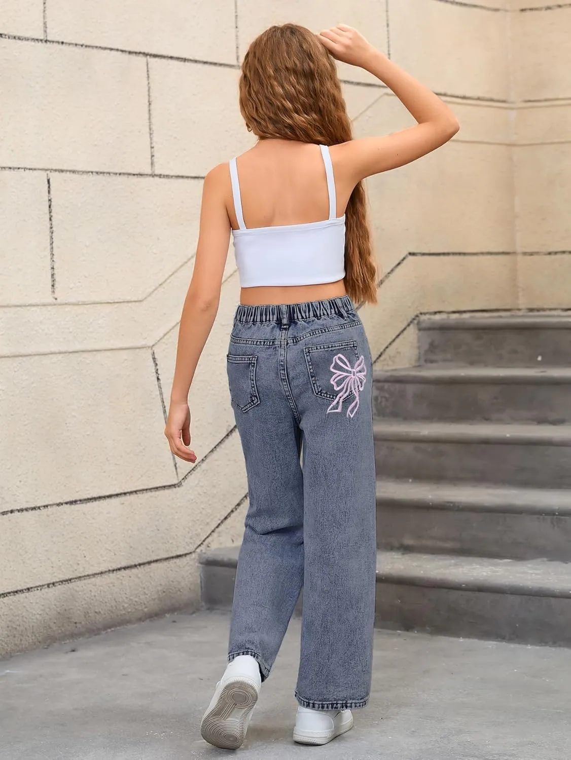 WDIRARA Girl's Bow Print Back Zipper Fly Elastic High Waist Denim Pants Basic Wide Leg Jeans