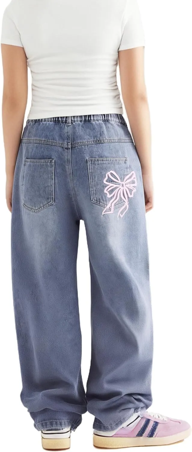 WDIRARA Girl's Bow Print Back Zipper Fly Elastic High Waist Denim Pants Basic Wide Leg Jeans