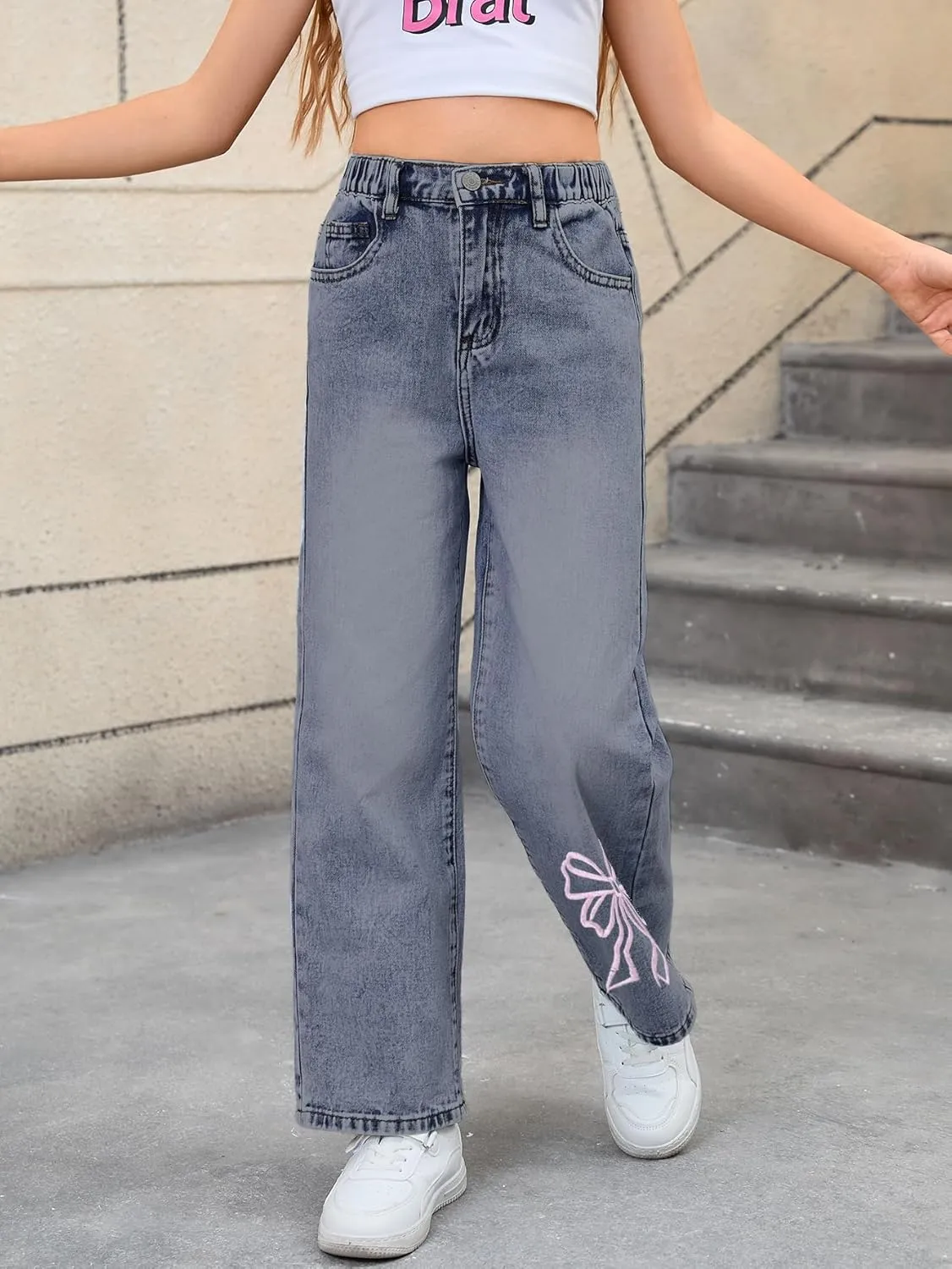 WDIRARA Girl's Bow Print Back Zipper Fly Elastic High Waist Denim Pants Basic Wide Leg Jeans