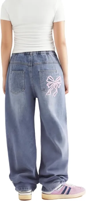 WDIRARA Girl's Bow Print Back Zipper Fly Elastic High Waist Denim Pants Basic Wide Leg Jeans