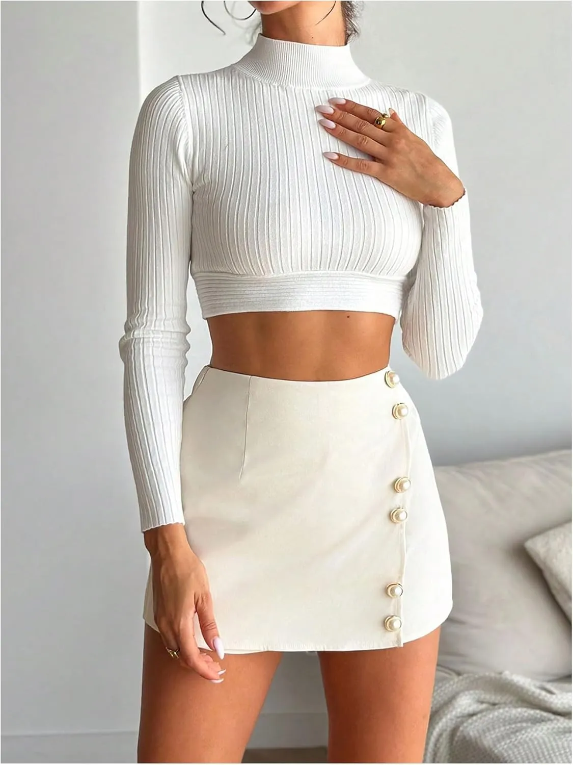 WDIRARA Women's Button Front Wrap Skort Elastic Waist High Waisted Shorts Mini Skirts