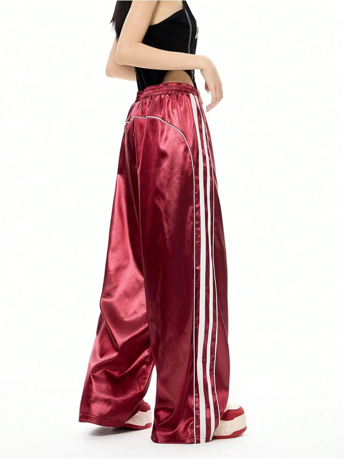 WDIRARA Women's Side Striped Wide Leg Sweatpants Elastic High Waist Track Pants Streetwear Jogger