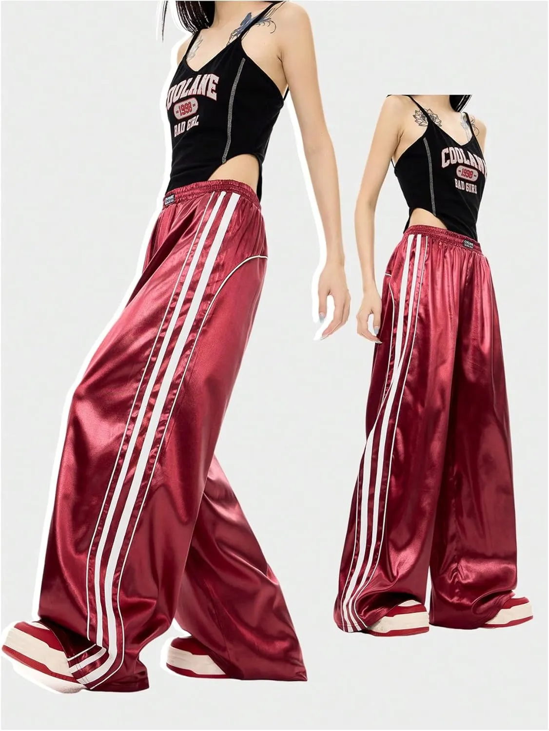 WDIRARA Women's Side Striped Wide Leg Sweatpants Elastic High Waist Track Pants Streetwear Jogger