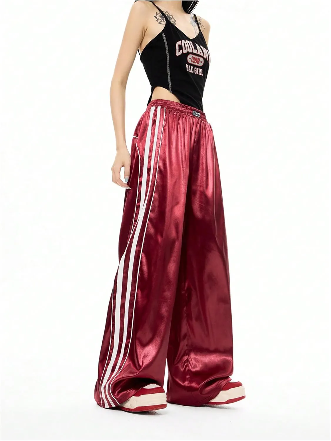 WDIRARA Women's Side Striped Wide Leg Sweatpants Elastic High Waist Track Pants Streetwear Jogger