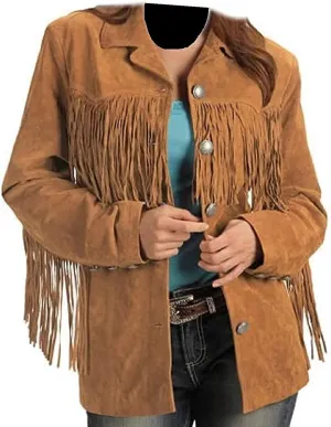 Western Suede Leather Cow-Lady Women Brown Fringe Jacket Coats