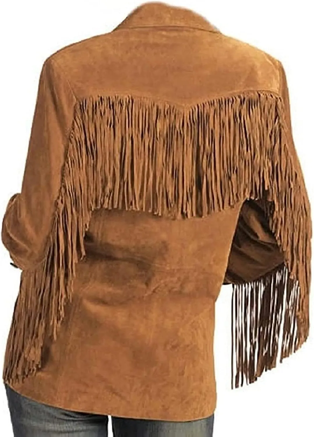 Western Suede Leather Cow-Lady Women Brown Fringe Jacket Coats