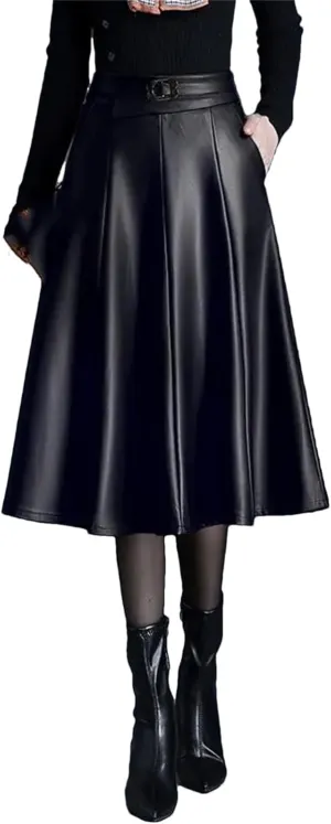 Winter Midi Pu Faux Leather Skirt Women Long High Waisted Pleated A-Line Skirts