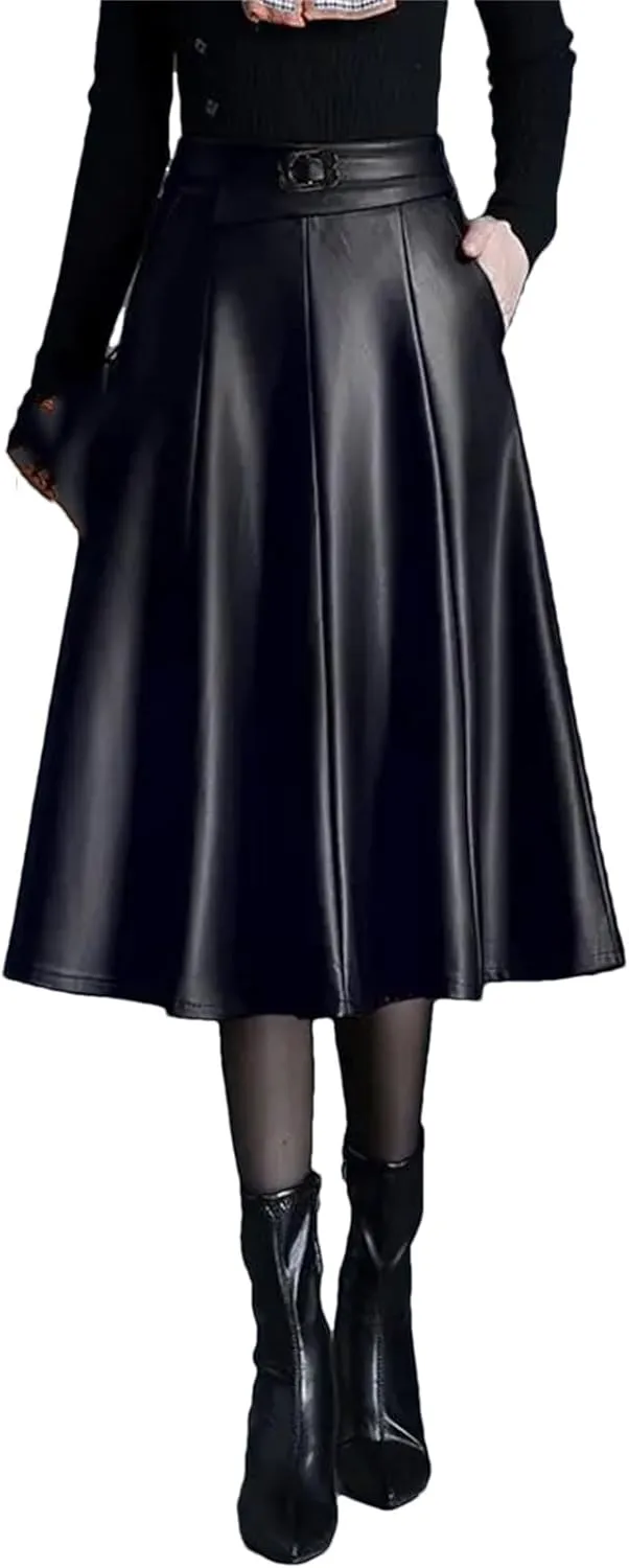 Winter Midi Pu Faux Leather Skirt Women Long High Waisted Pleated A-Line Skirts