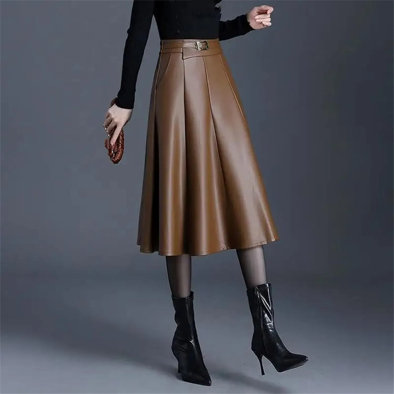 Winter Midi Pu Faux Leather Skirt Women Long High Waisted Pleated A-Line Skirts