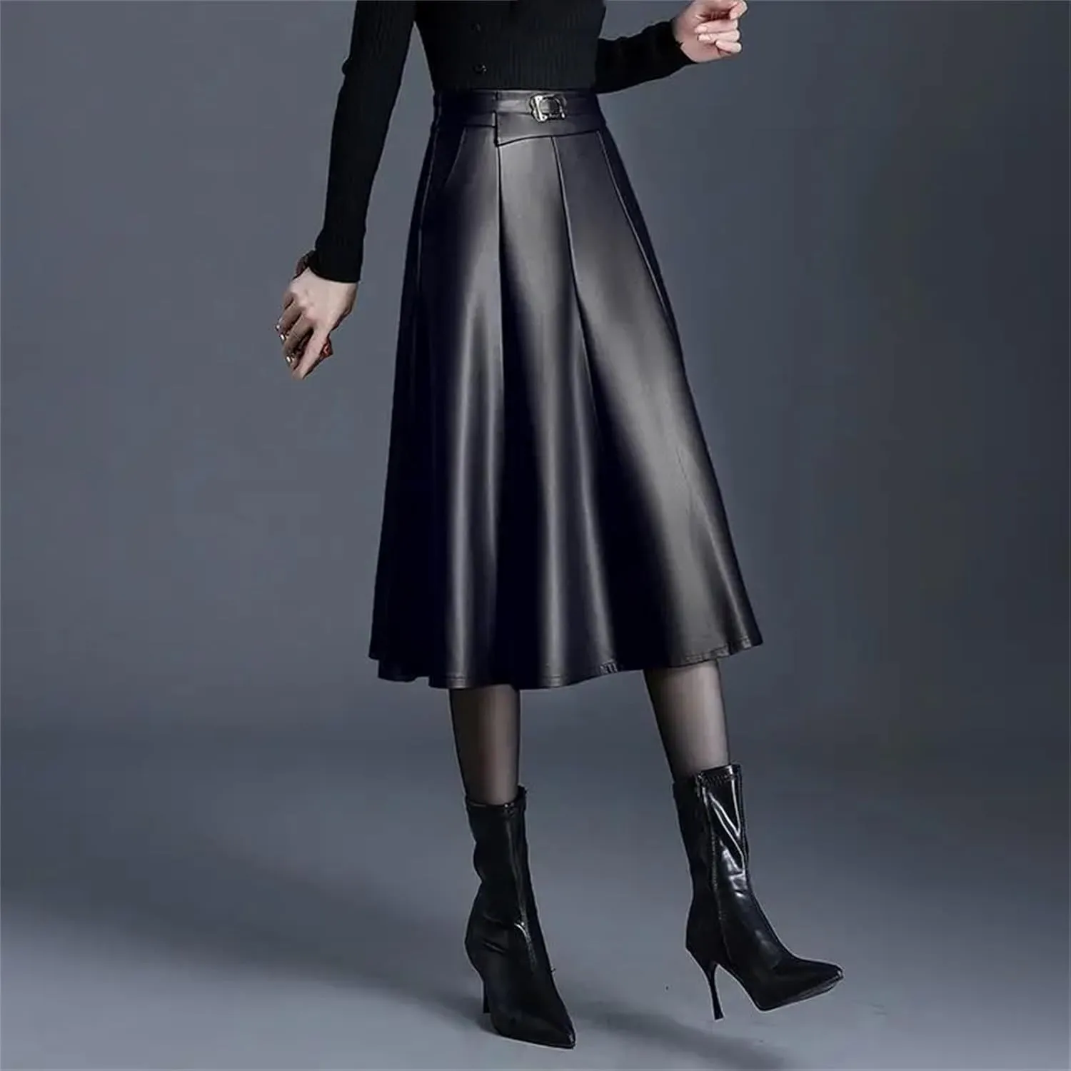 Winter Midi Pu Faux Leather Skirt Women Long High Waisted Pleated A-Line Skirts