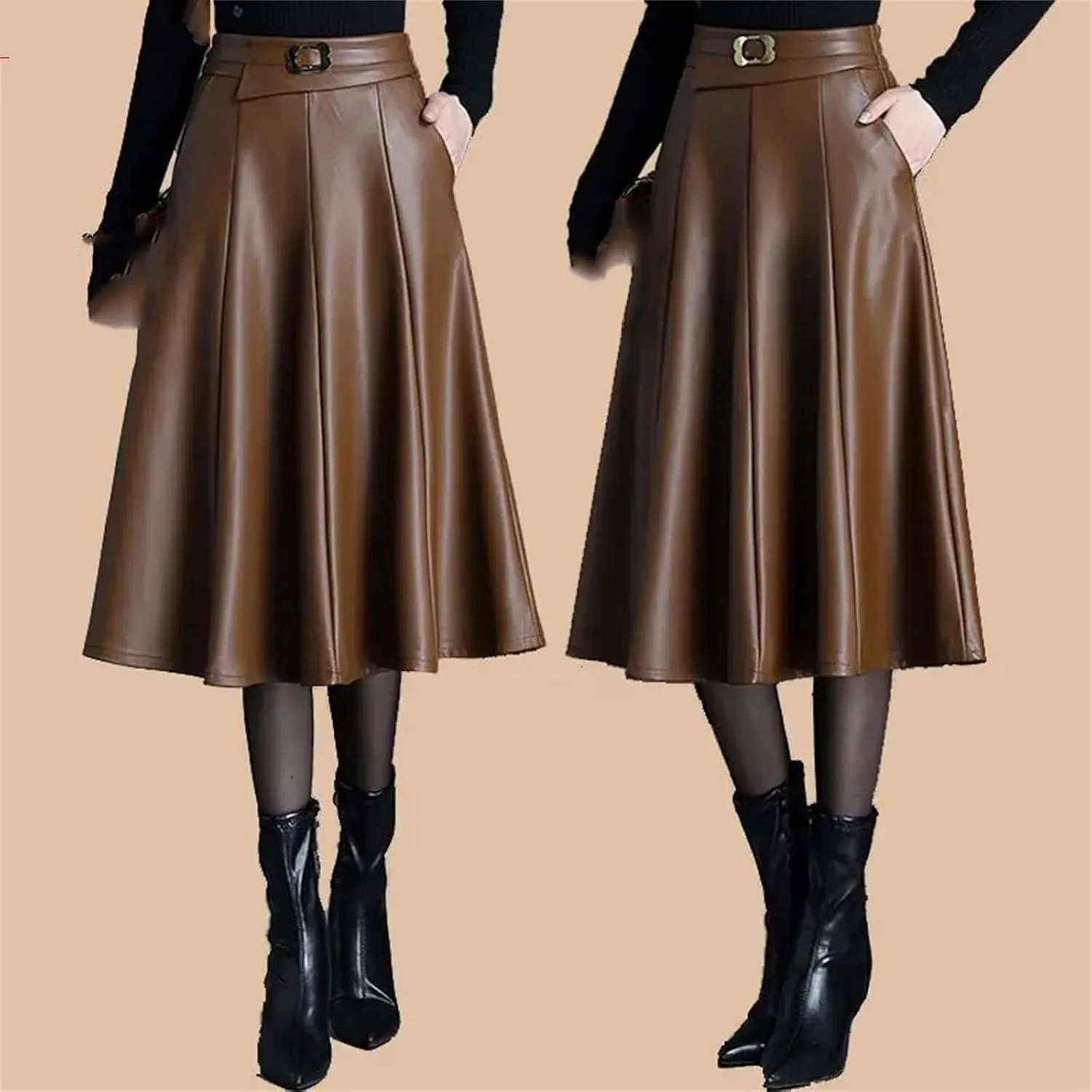 Winter Midi Pu Faux Leather Skirt Women Long High Waisted Pleated A-Line Skirts