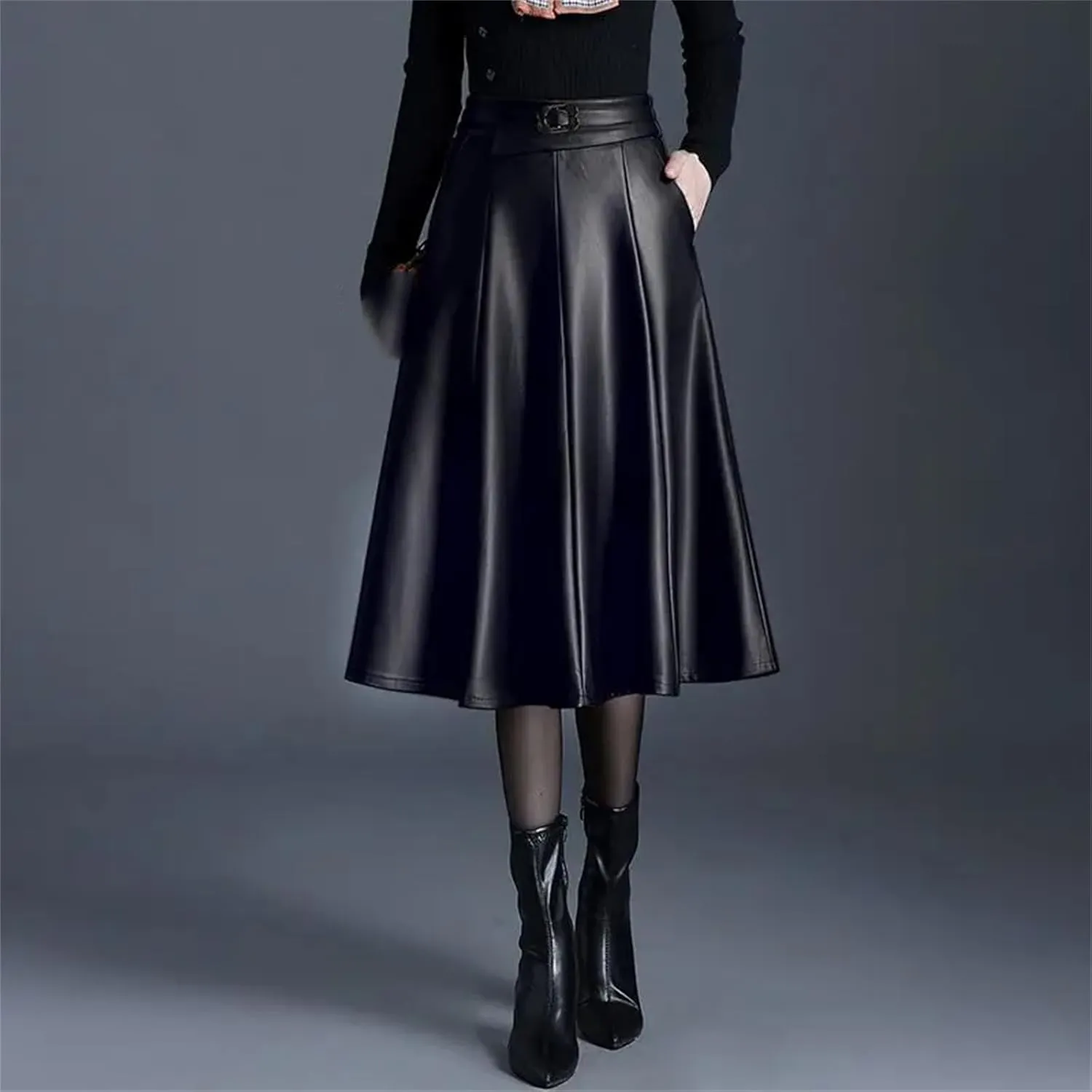 Winter Midi Pu Faux Leather Skirt Women Long High Waisted Pleated A-Line Skirts