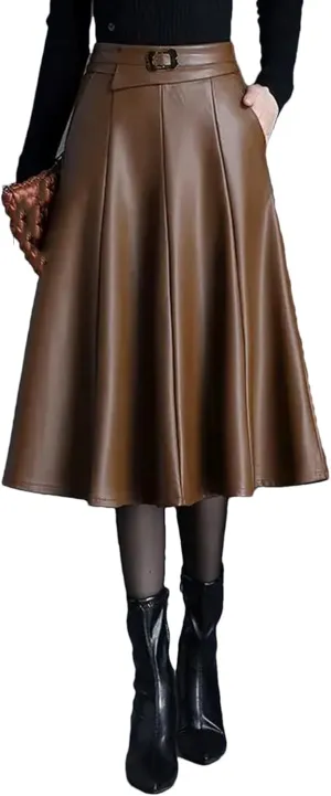 Winter Midi Pu Faux Leather Skirt Women Long High Waisted Pleated A-Line Skirts