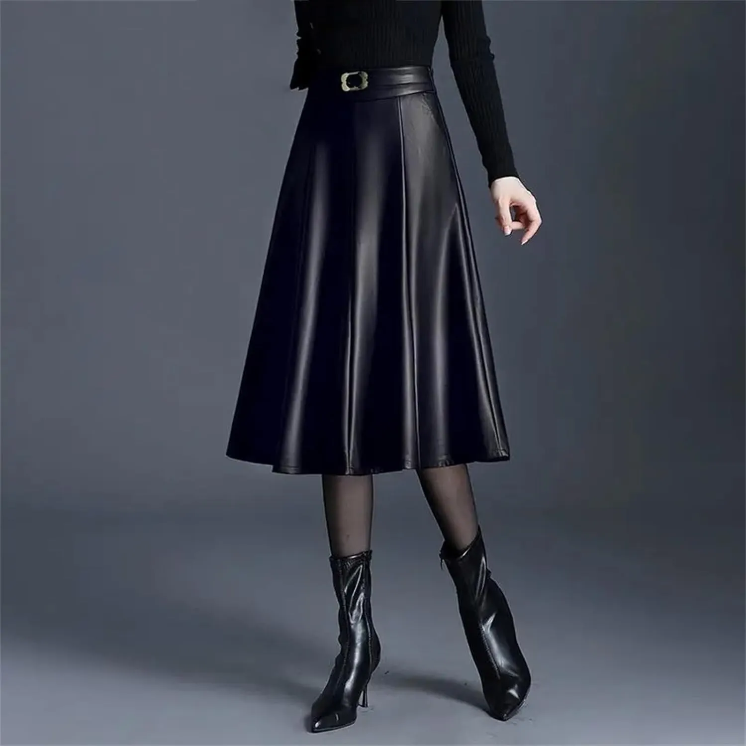Winter Midi Pu Faux Leather Skirt Women Long High Waisted Pleated A-Line Skirts
