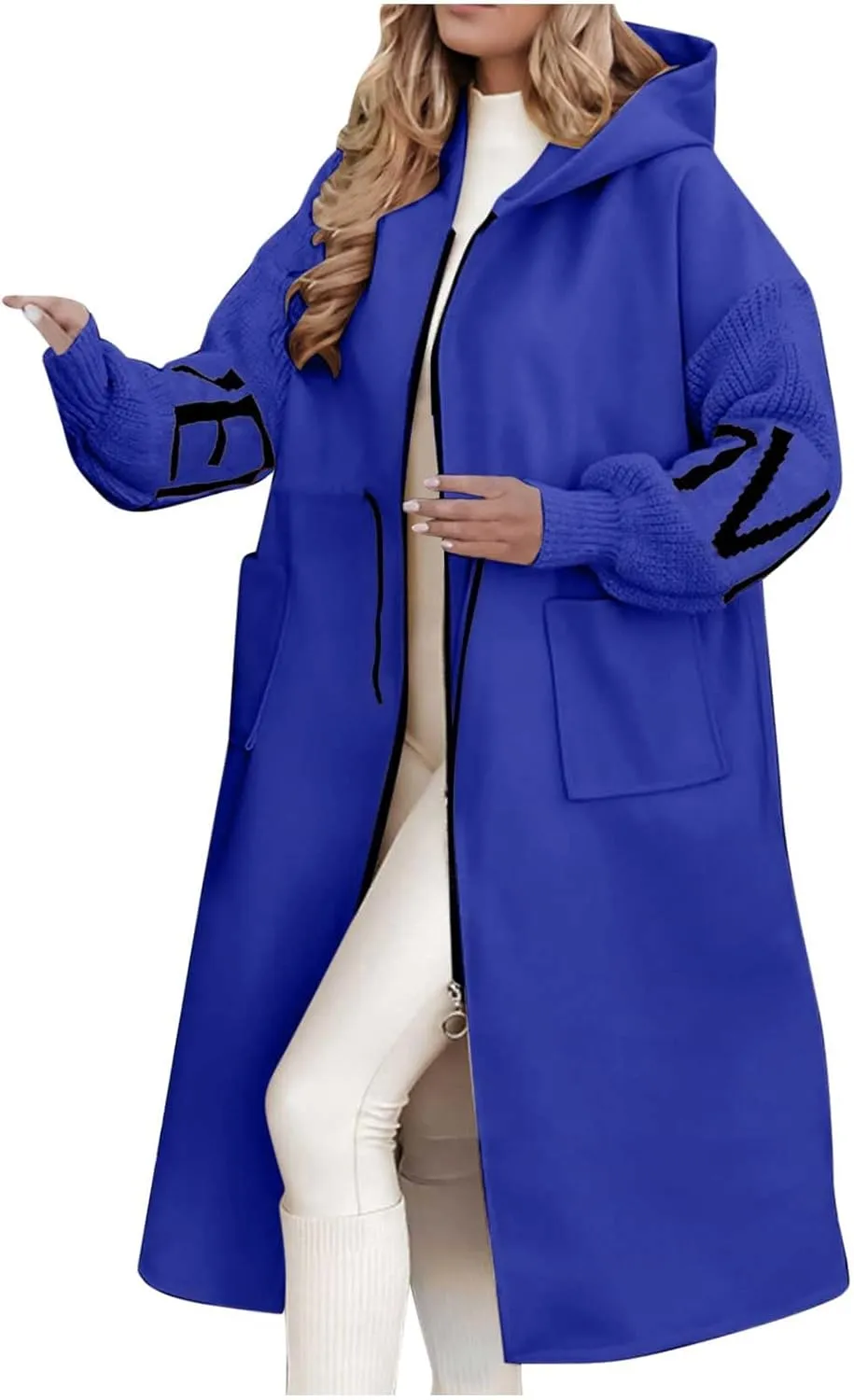 Winter Trench Coat Womens Coat Plus Size Hooded Zip up Long Jackets Cozy Patchwork Warm Overcoat Drawstring Waist Coat