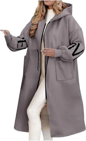 Winter Trench Coat Womens Coat Plus Size Hooded Zip up Long Jackets Cozy Patchwork Warm Overcoat Drawstring Waist Coat